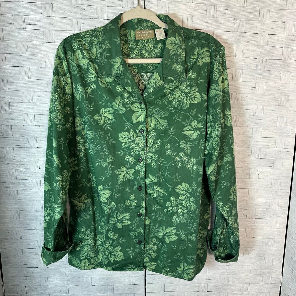Liz Claiborne women's button up blouse green floral cottagecore romantic TradMom